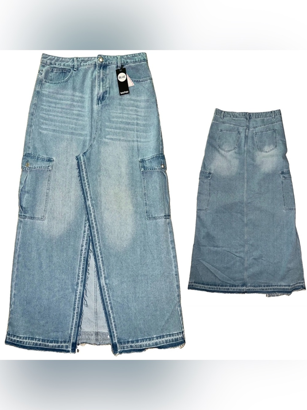 BOOHOO TALL NWT Y2K Slit Front Frayed Denim Maxi Skirt Light Wash Size 12
